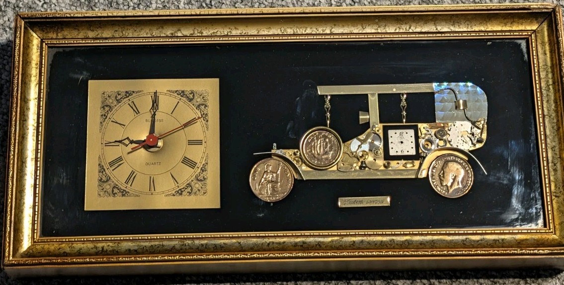 G Burgess London Vintage Car Clock Mixed Media Watch Parts Coin Art