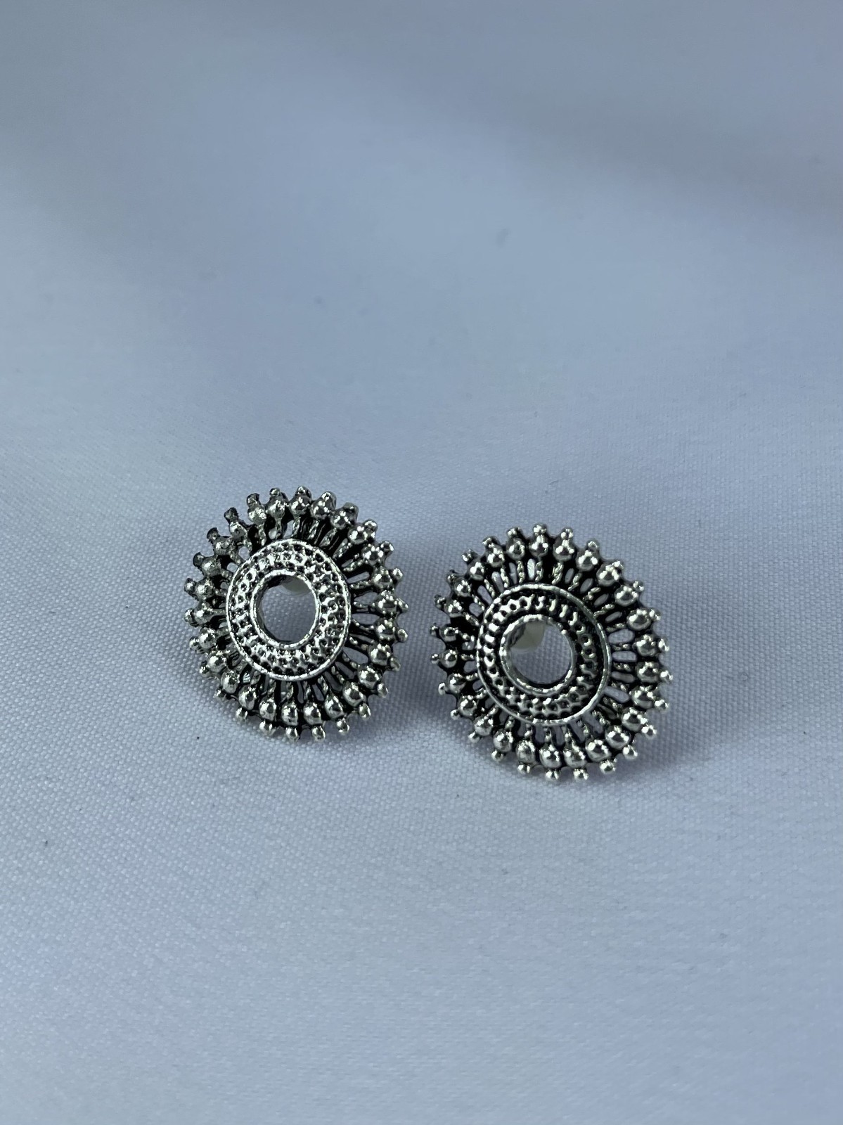 Oxidised Silver Sunburst Stud Earrings Tribal Circular Boho Small Post Jewelry