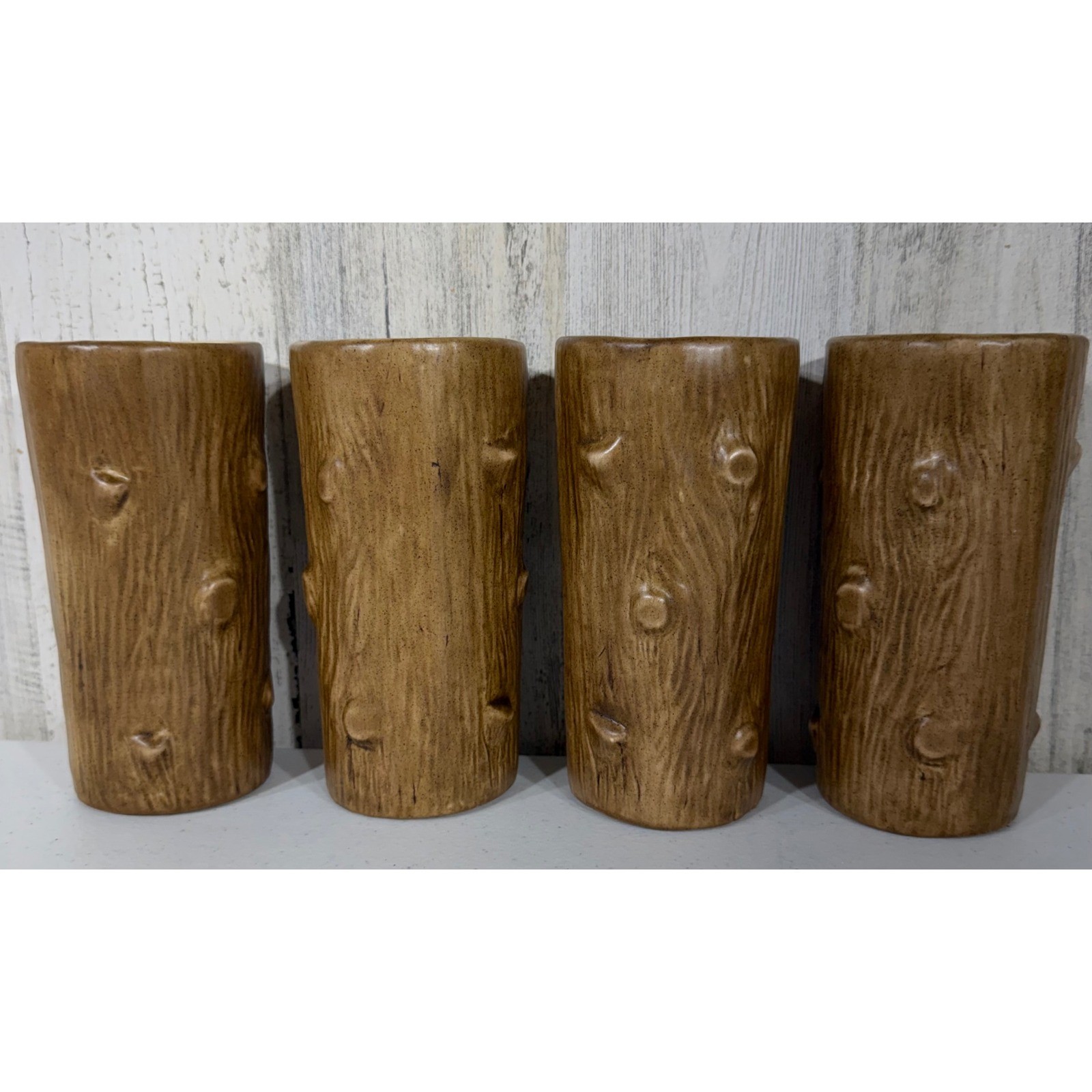 Garland Ceramics Tree Bark Log Cups Tumblers Set of 4 Brown MCM 1955 Woodsy Tiki