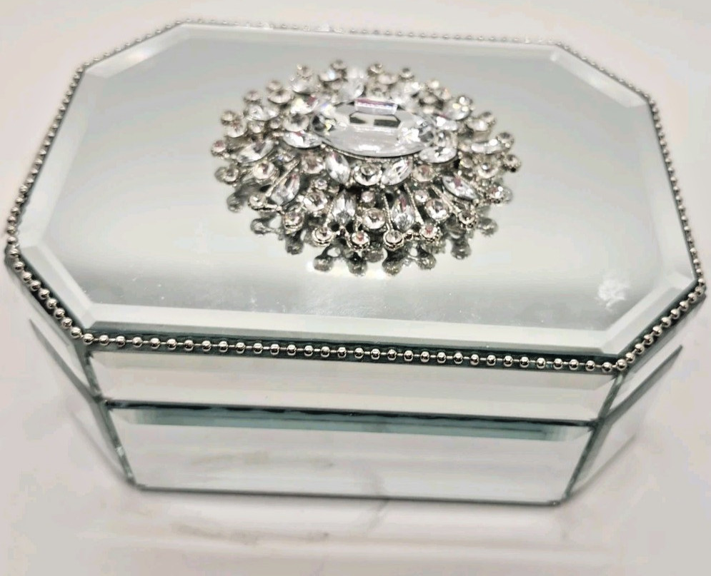 Hollywood Regency Mirrored Trinket Box Jeweled Rhinestone Lid Velvet Lined 8\ Hollywood Regency Mirrored Trinket Box Jeweled Rhinestone Lid Velvet Lined 8\