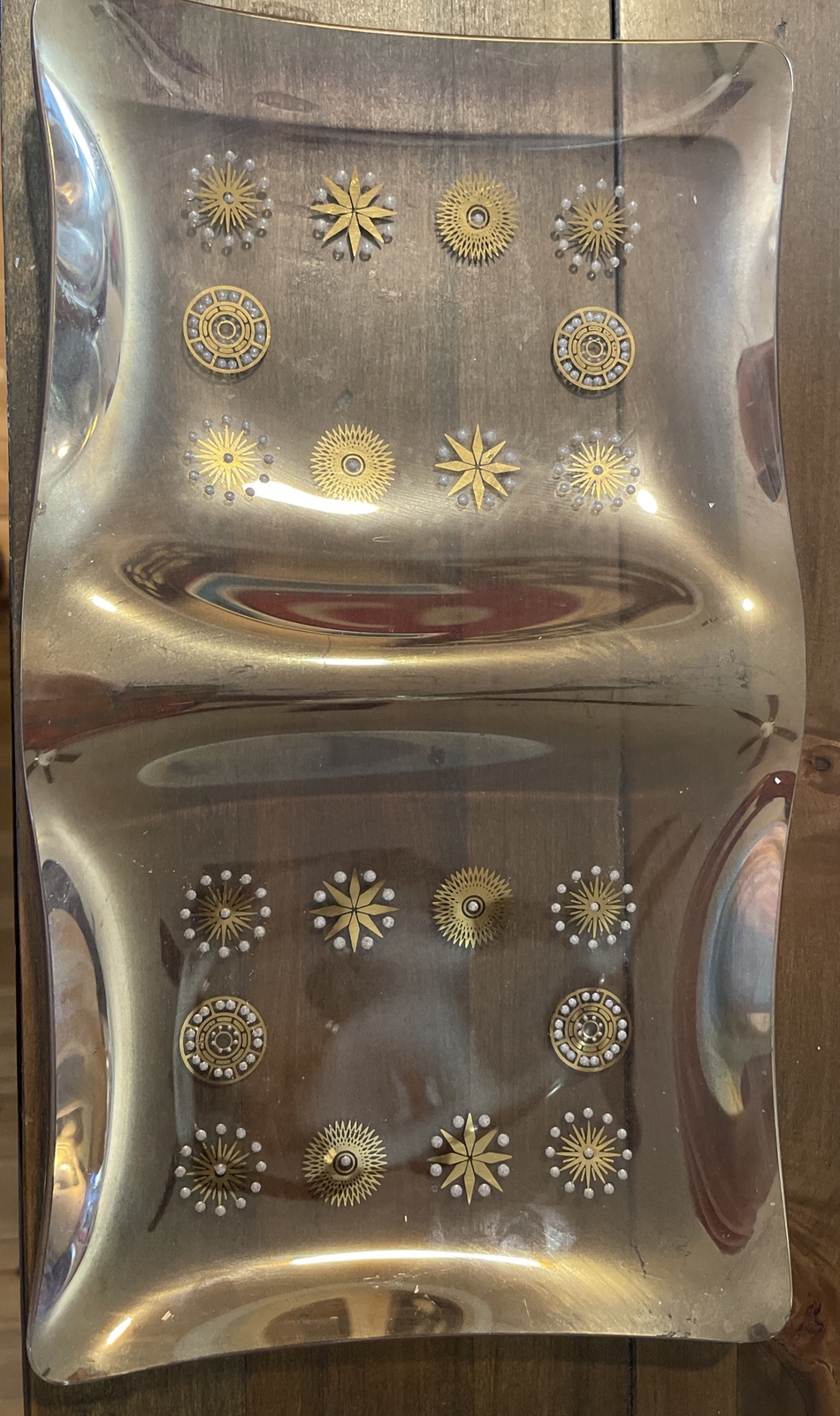 Vintage Dorothy Thorpe Glass Divided Serving Tray Smokey Clear & Gold 13.5”