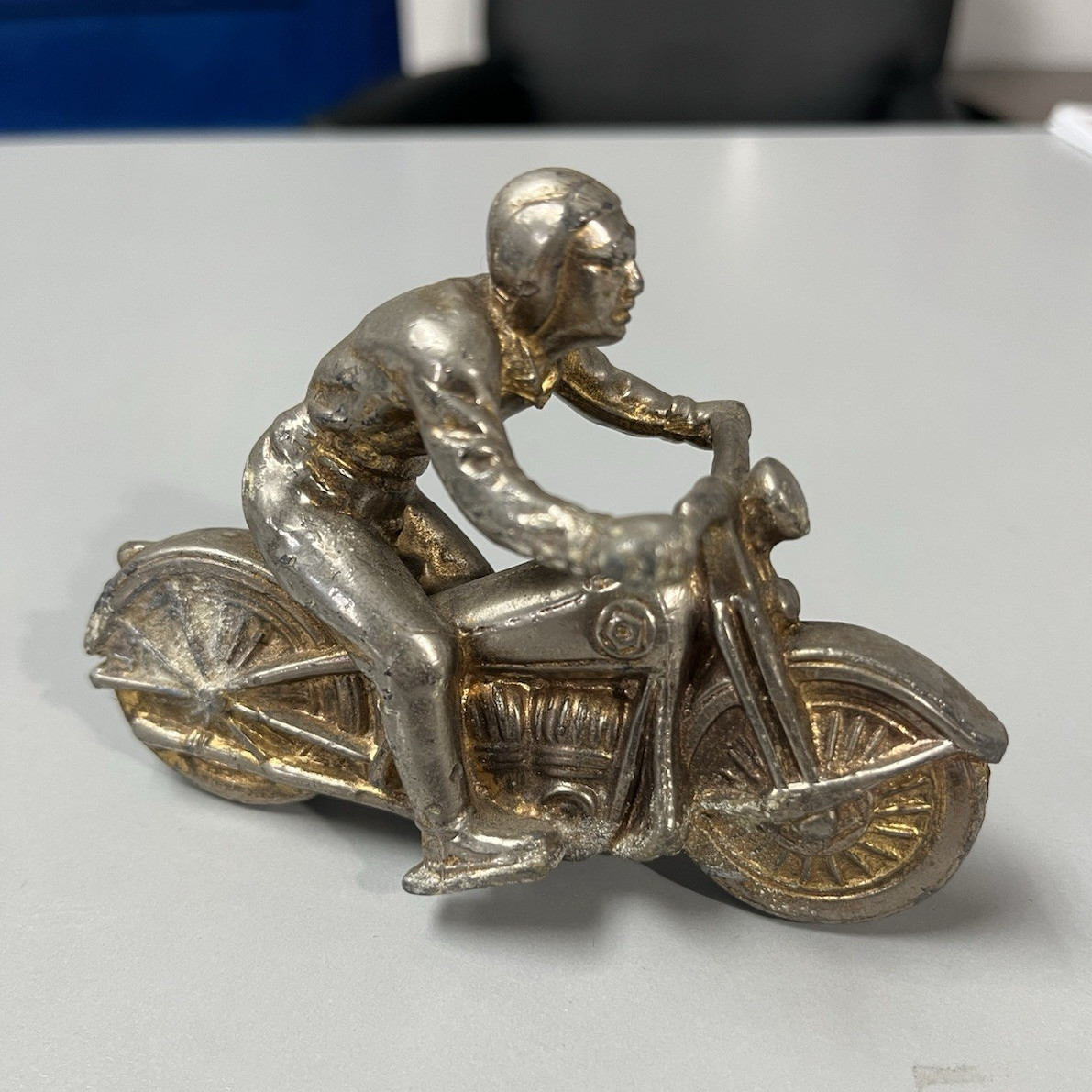 Vintage 1920 / 1930 Cast Metal Motorcycle Racer Hood Ornament Radiator Art Deco