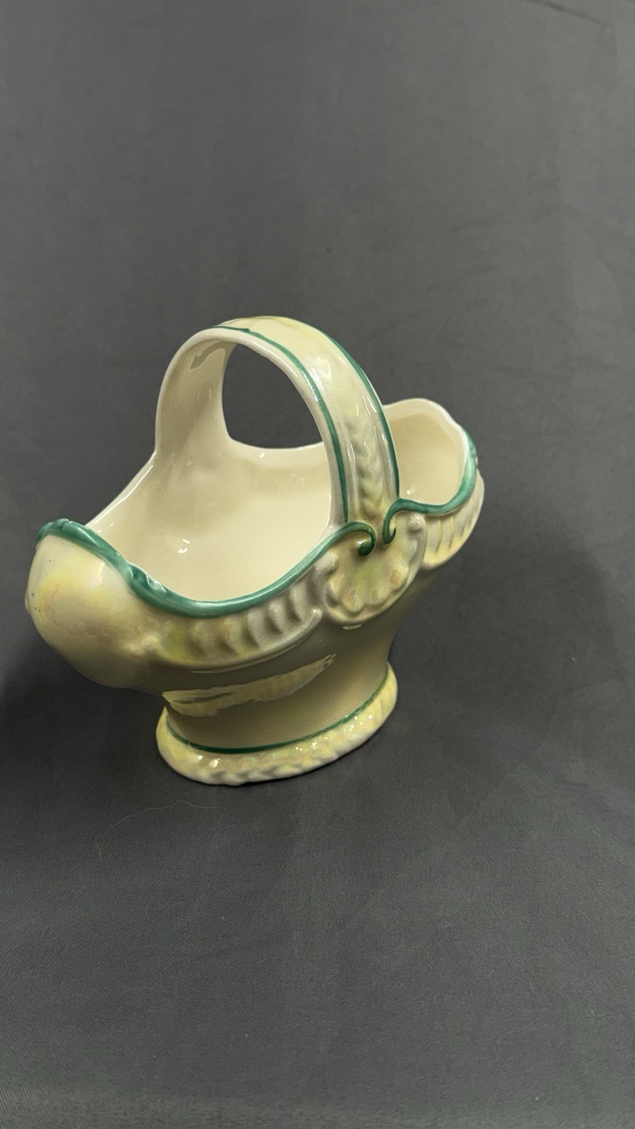 Vintage Czech Art Deco Lustreware Basket Vase Yellow Green Pottery Planter