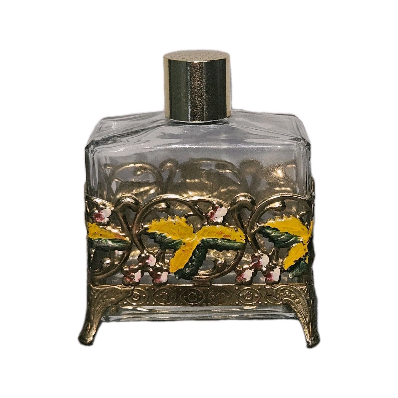 Rare Vintage Regency Filigree Footed Perfume Bottle Hand Painted Enamel 
