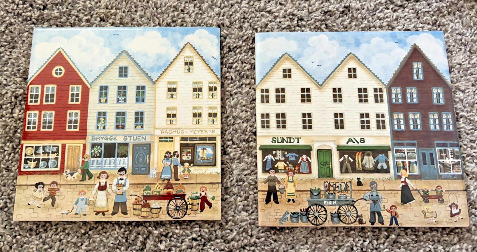 VINTAGE 1998 BERGQUIST IMPORTS BRYGGEN CERAMIC ART TILES (2) WHARF OF BRYGGEN