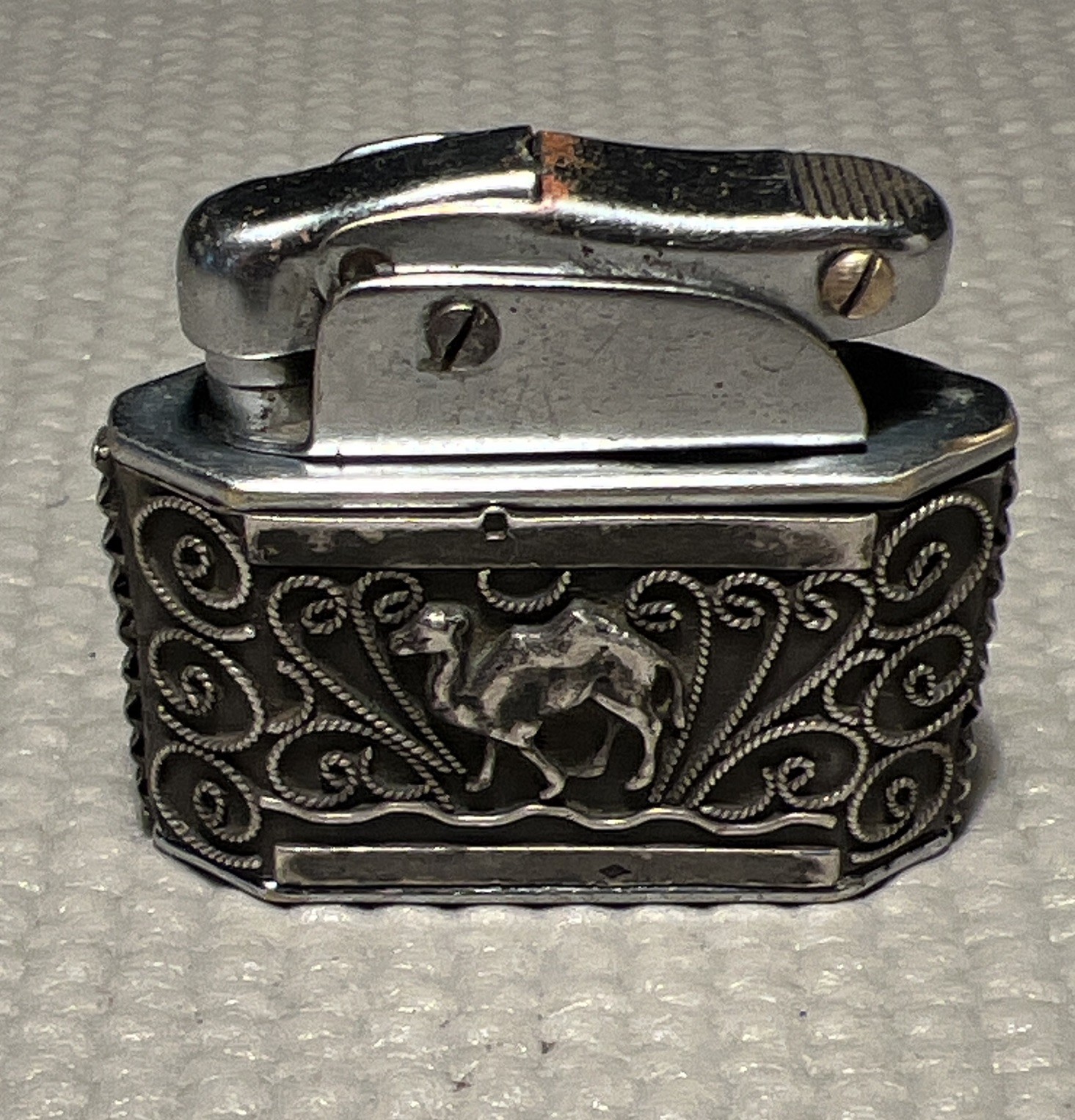 Vtg MYON AUTOLUX 201 French Petrol Lighter Art Deco Chrome Sleeve Camel Arabic