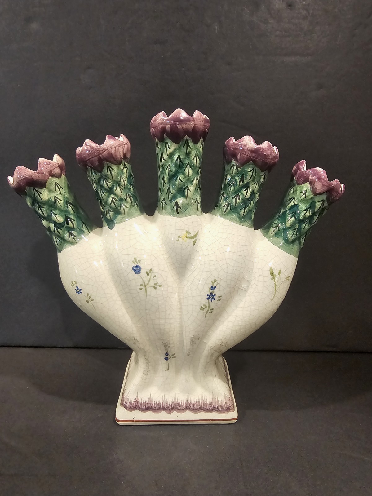 Vintage Portugal Pottery Hand Painted 5 Finger Tulip Vase MMA