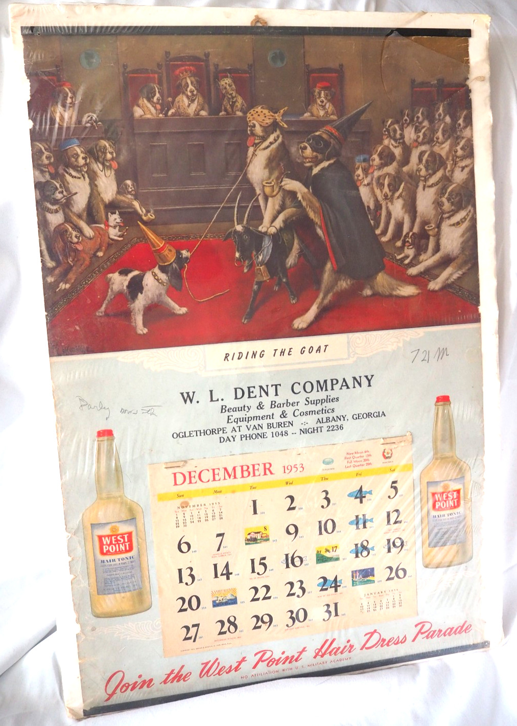 1953 Advertising Calendar Barber Shop DOG Riding Goat Saint Bernards