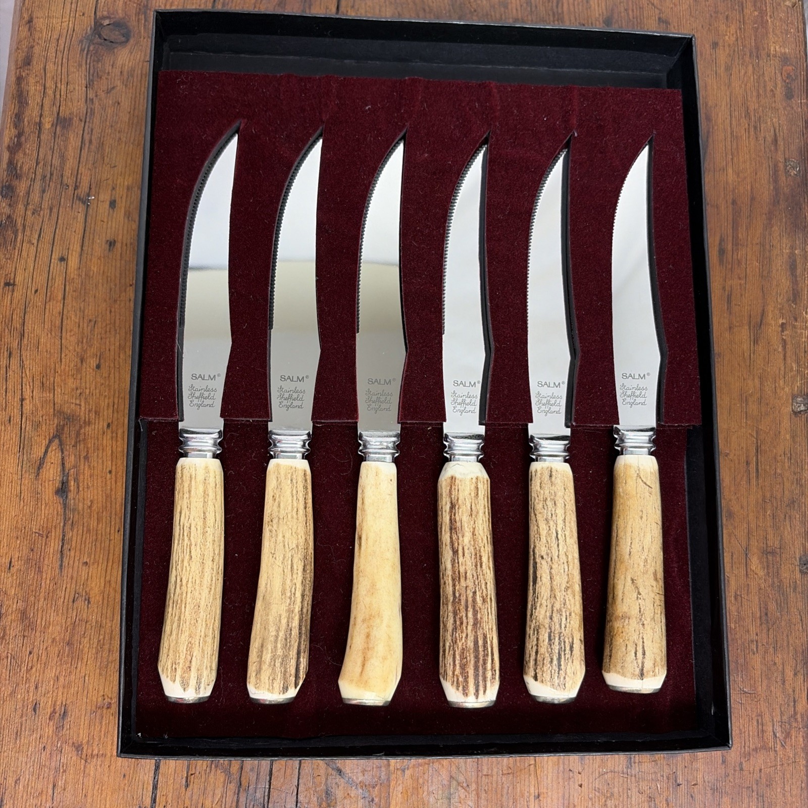 Vintage Sheffield England Stag Handle Steak Knives – Set of 6 in Original Case