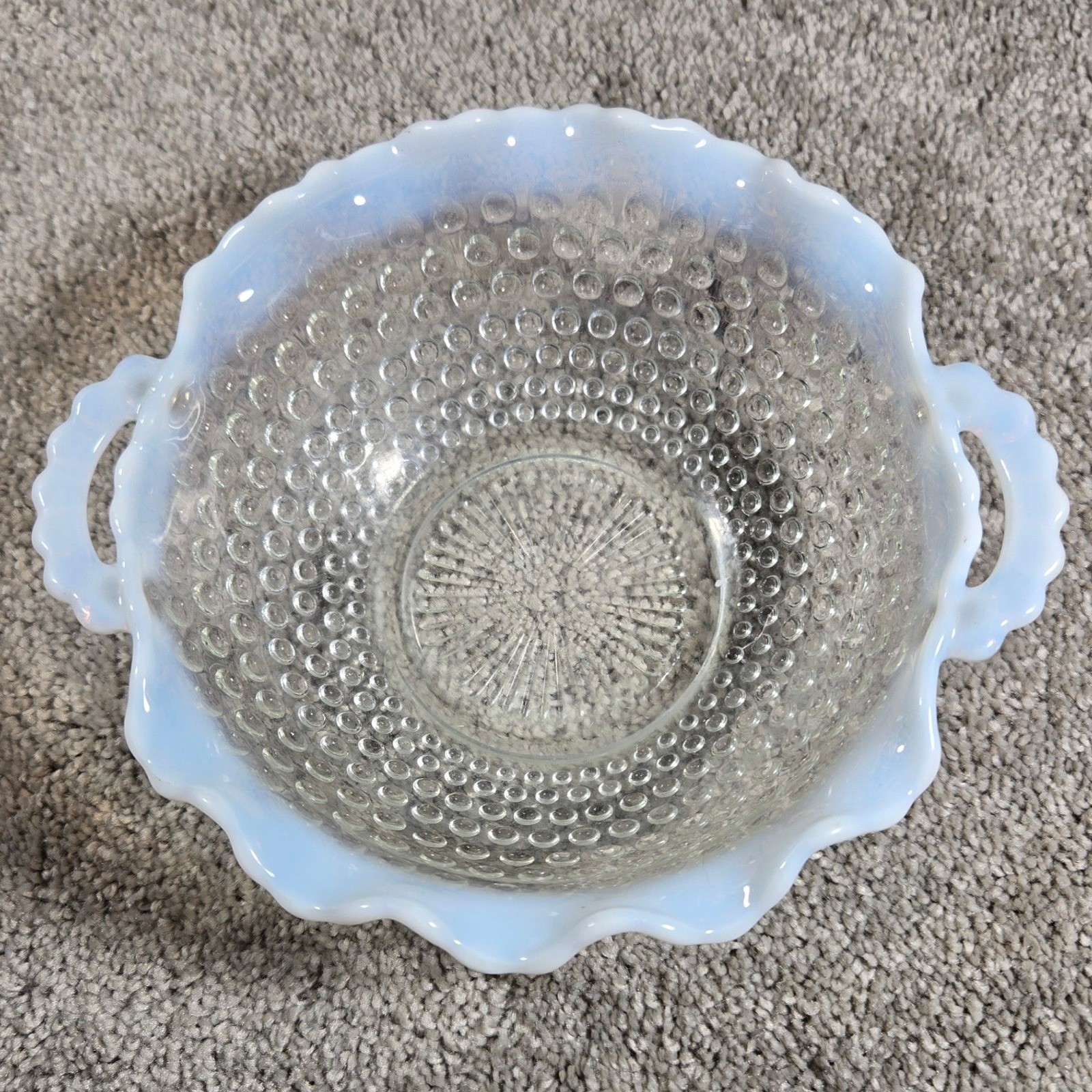 Anchor Hocking Hobnail Bowl White Opalescent Ruffled Edge Clear Glass Vintage