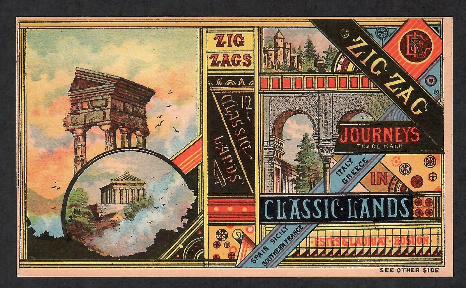 VICTORIAN TRADE CARD~ZIG ZAG BOOKS~JOURNEYS IN CLASSIC LANDS~POUGHKEEPSIE NY