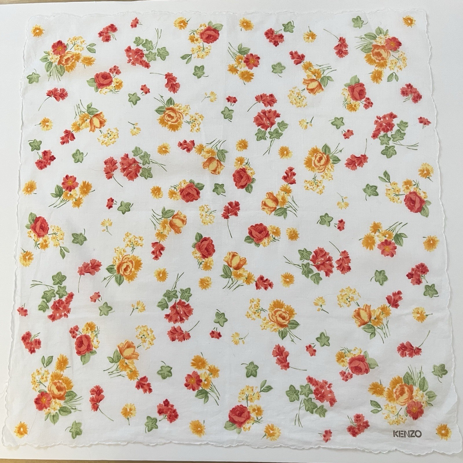 VTG KENZO Floral Handkerchief Oversized Yellow Red Roses Scalloped Edge 18x18\