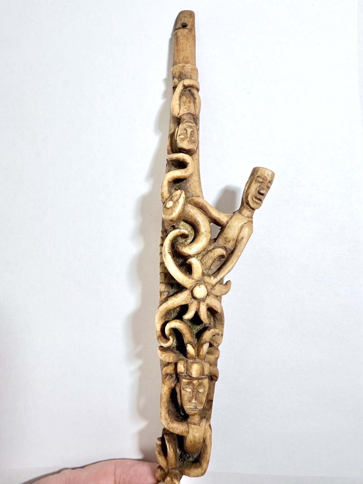 Rare Antique Borneo Dayak Carved Antler/Bone Shamanic Tuntun Rod/Mandau Ornament