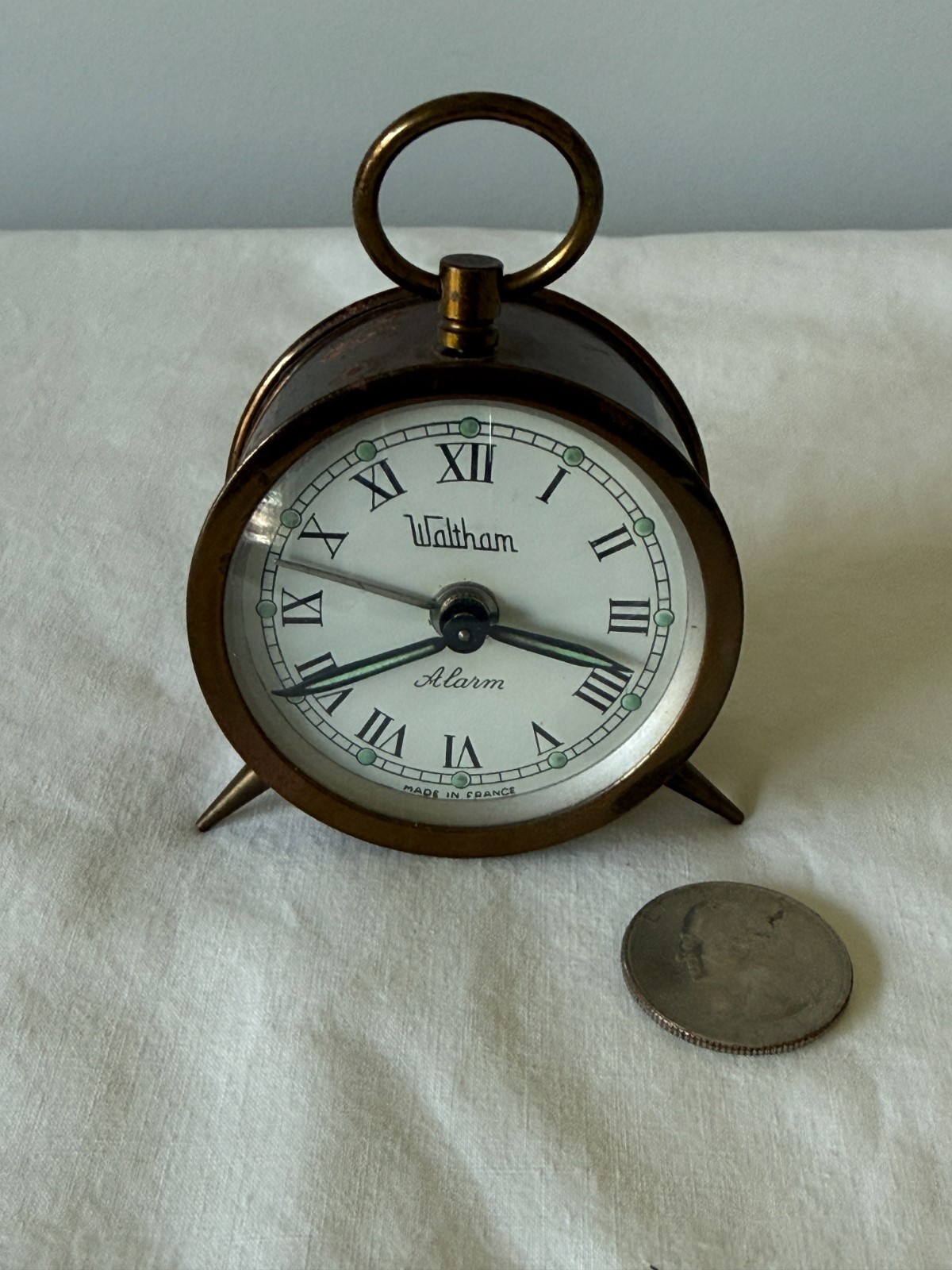 Early 1900\'s Antique Waltham Alarm Clock, Petite, Made In France WORKS