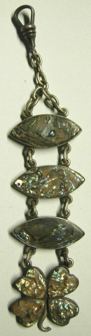 Teens / 1920s Sterling / Abalone 4 Leaf Clover Watch Fob