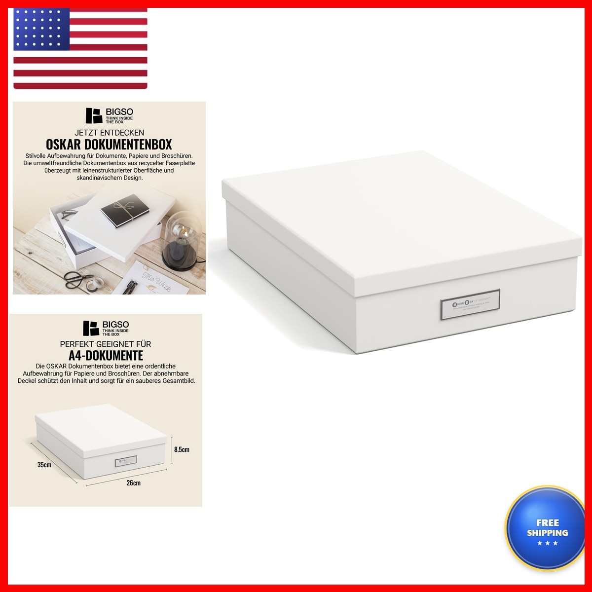 Bigso Box of Sweden Document Box for A4 Paper - White with Lid and Handle