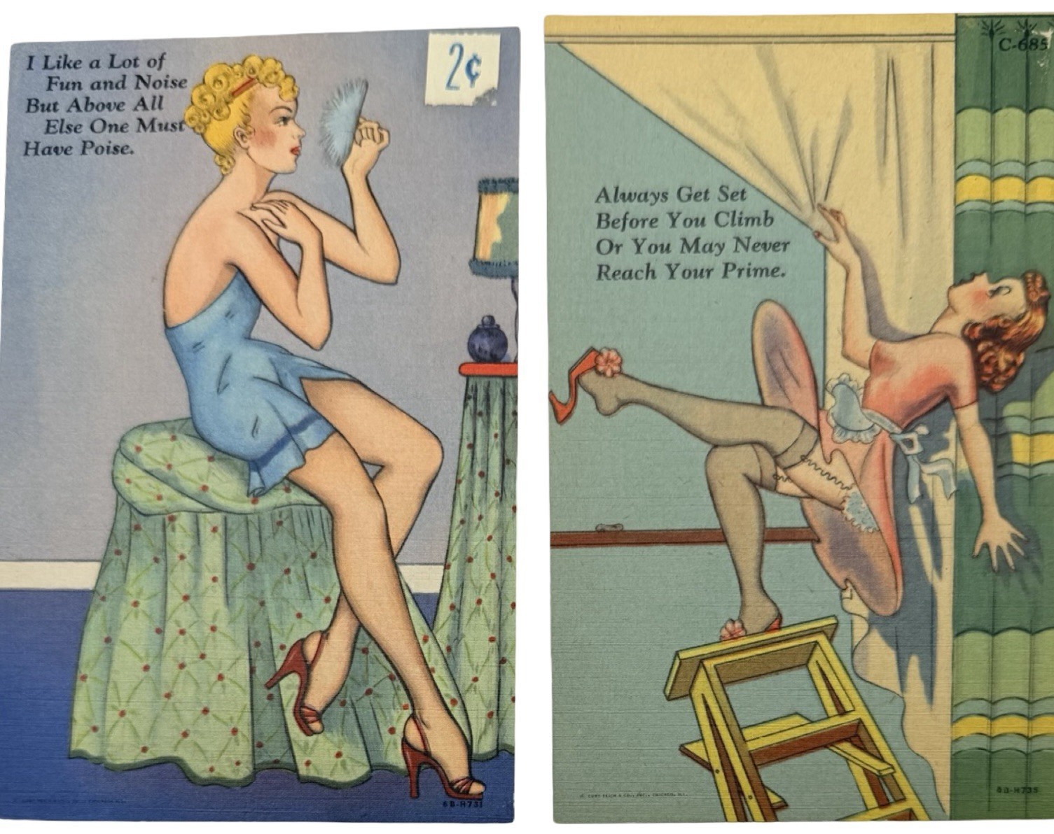 Lot 2 Vintage Curt Teich Carefree Comics Pin Up Linen Postcards Risque Humor
