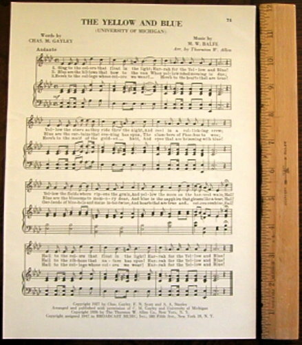 UNIVERSITY OF MICHIGAN Original Vintage Song Sheet c1953 \