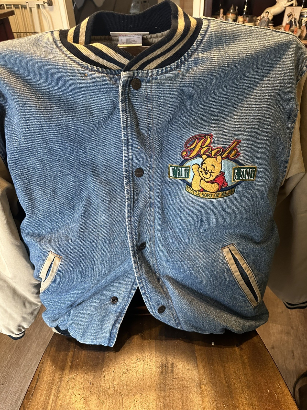 Vintage 90s Disney Winnie The Pooh Denim Varsity Jacket, Size small unworn