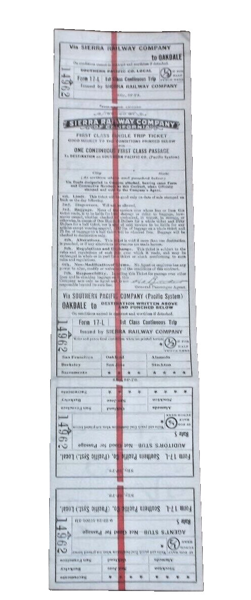 1920's UNUSED SIERRA RAILROAD SOUTHERN PACIFIC JOINT FIRST CLASS TICKET 