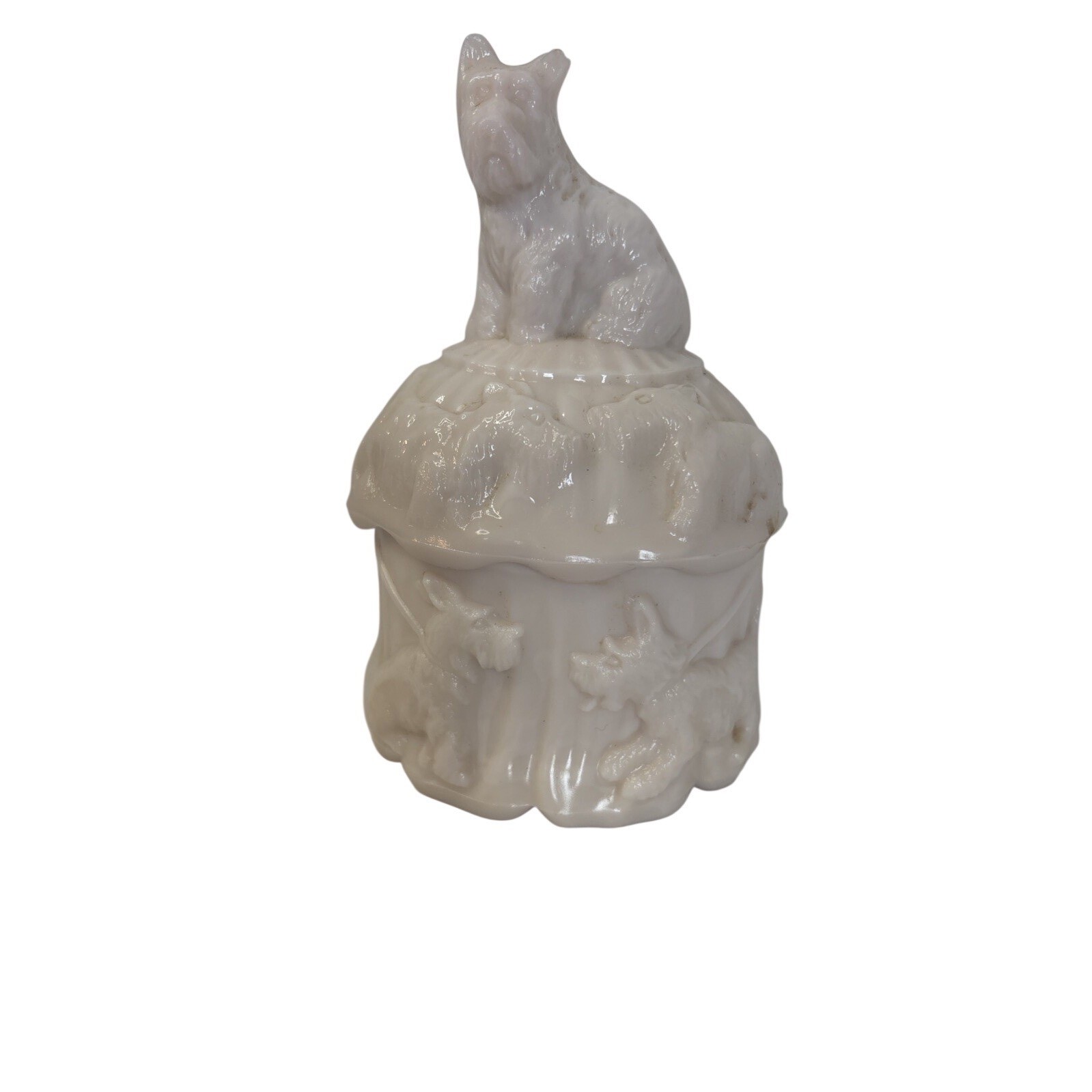 Akro Agate Scottie Dog Powder Jar, Pink Slag Glass Era  1939- 1942 Collectible