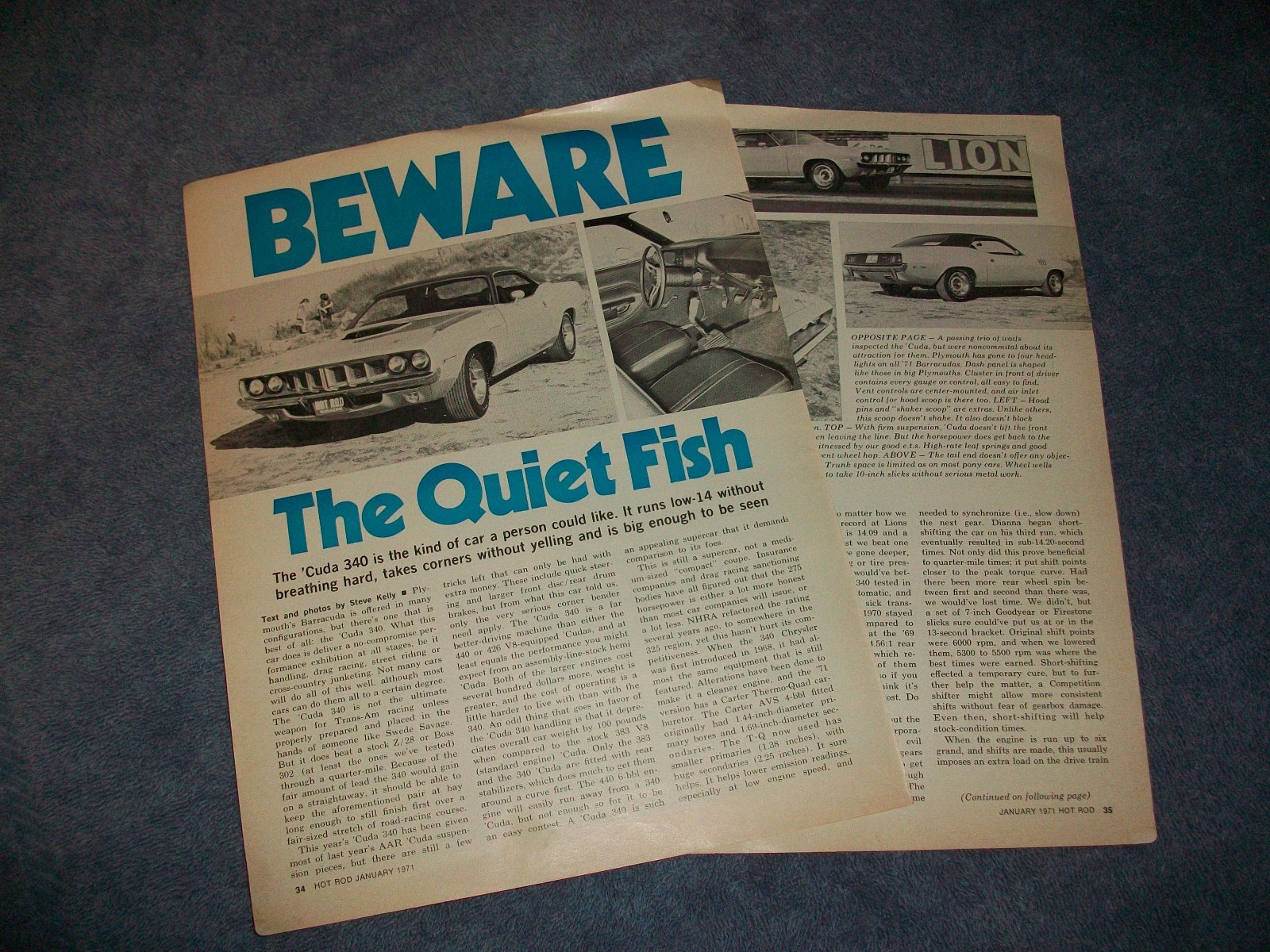 1971 Plymouth \'Cuda 340 Vintage Road Test Info Article \