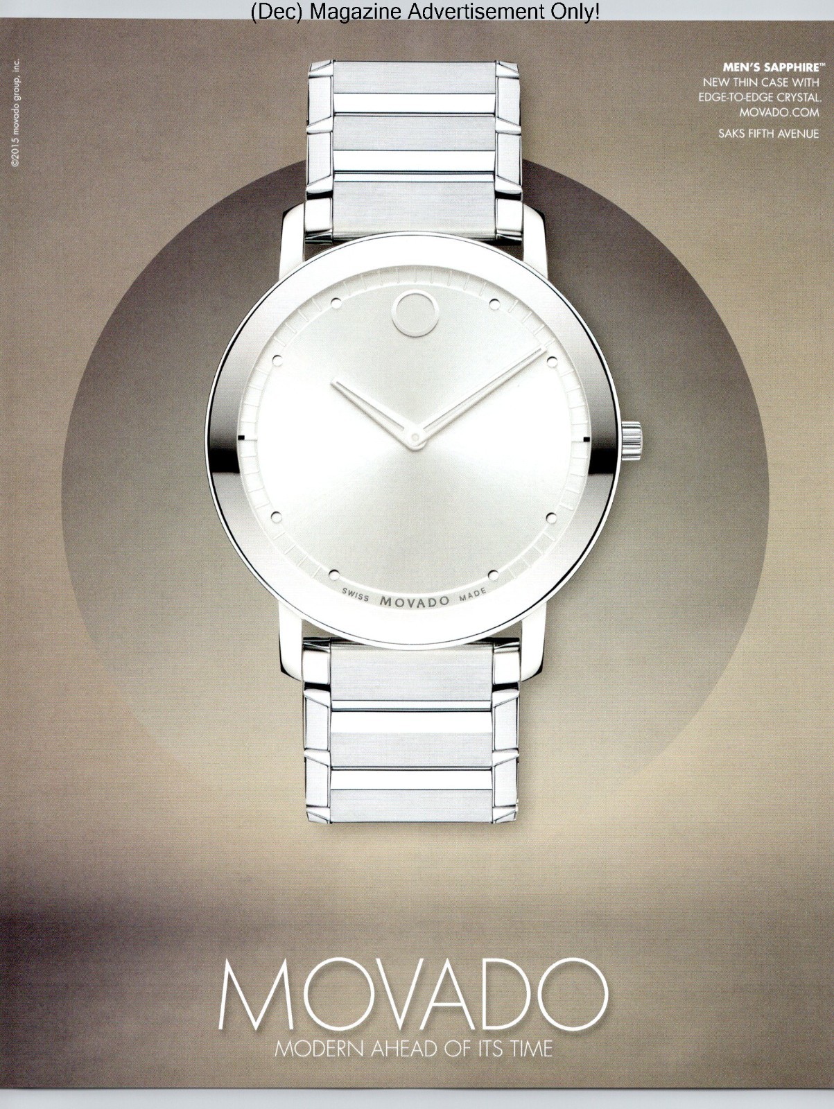 Movado Sapphire Minimalist Dial Stainless Steel Modern Watch 2015 Advertisement