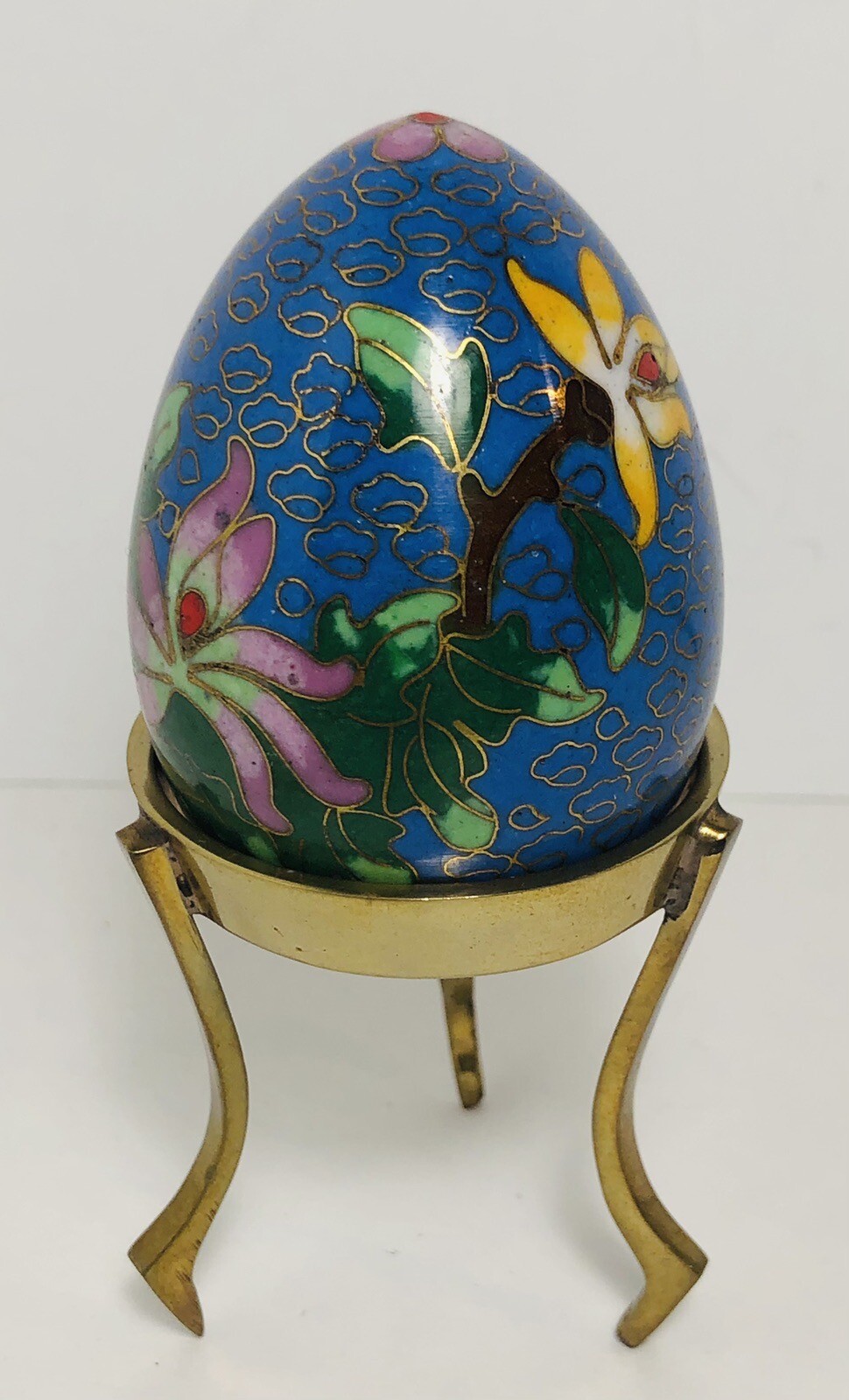 Vtg Cloisonné Blue Enameled Brass Egg With Brass Stand