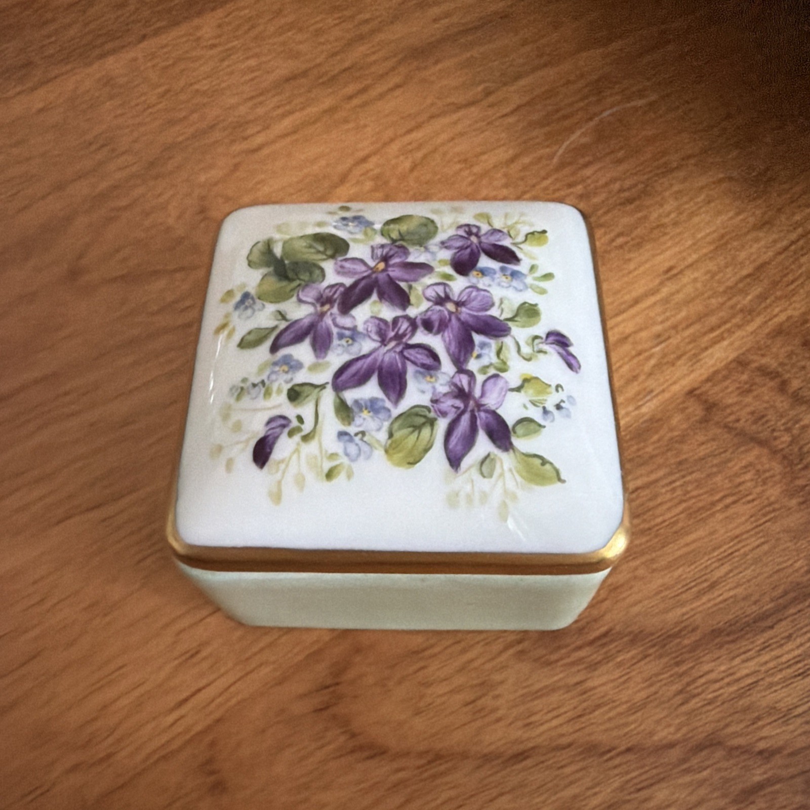 Vintage Limoges France Green with Hand Painted Violets Trinket Box with Lid