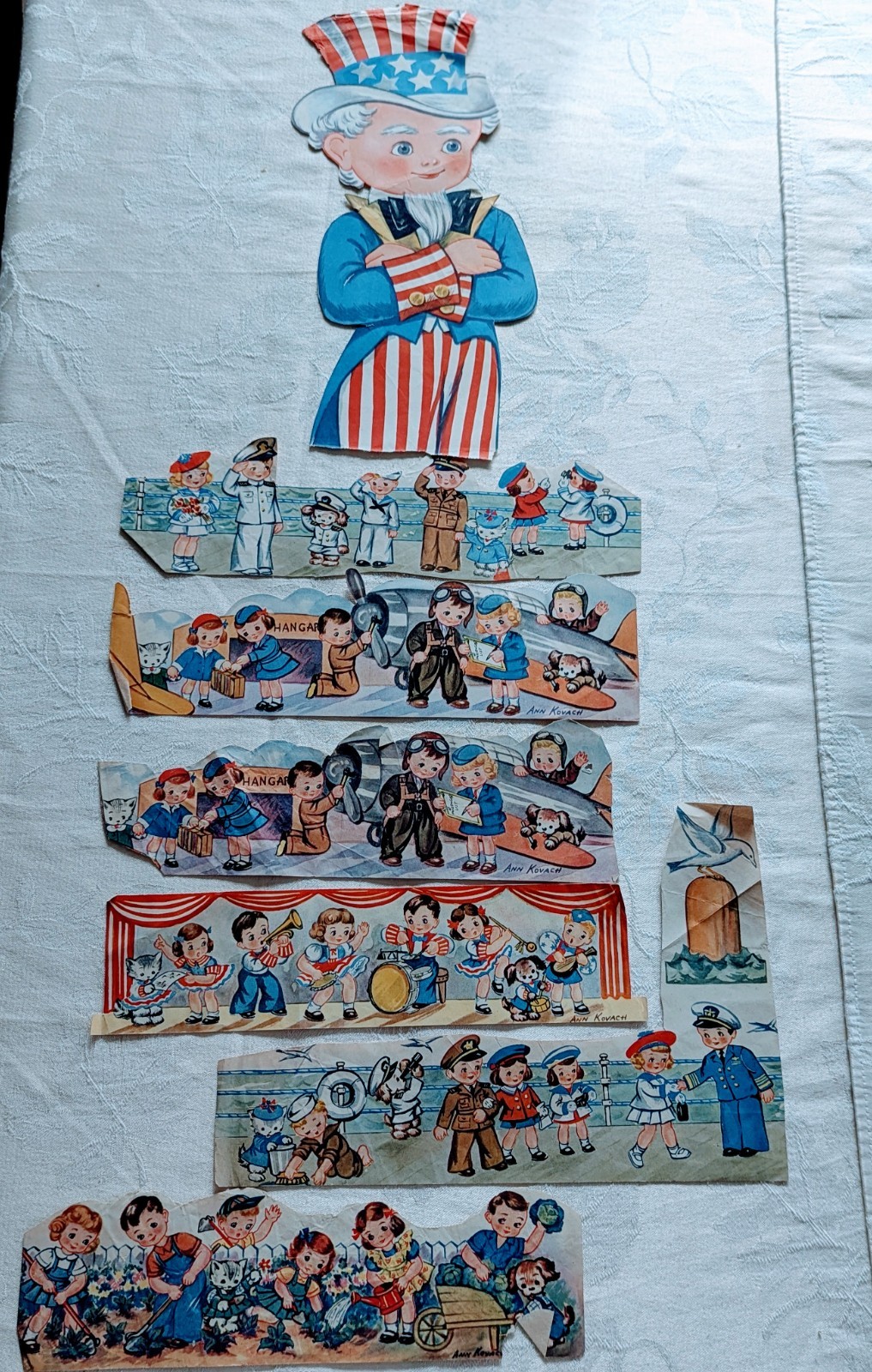 VTG 40s WWII American Children Paper Cut-Out 7 pcs Uncle Sam Military Ann Kovach