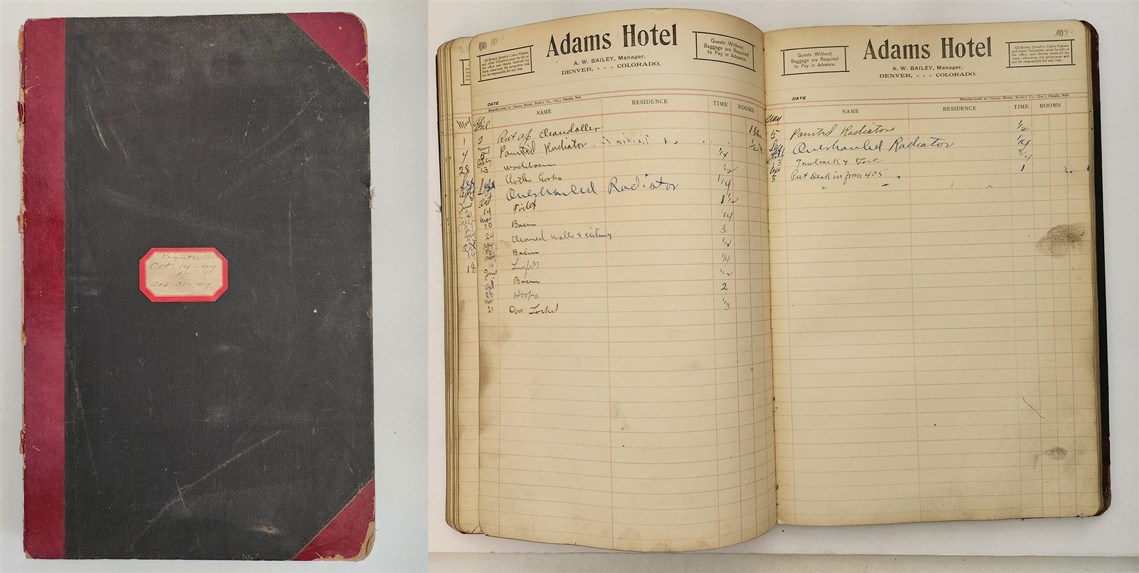 1907 antique ADAMS HOTEL denver co GUEST MAINT LEDGER history prop A.W. BAILEY