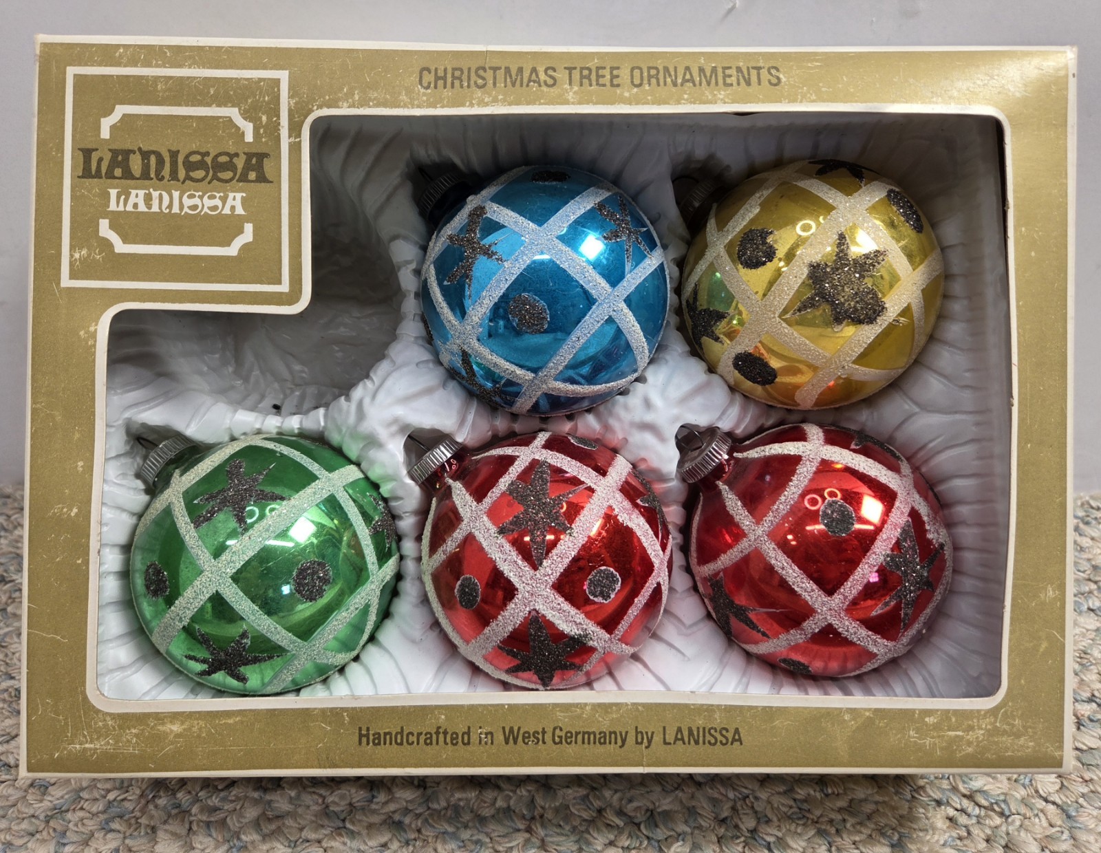 5 Vintage Lanissa Christmas Ornaments West Germany Plastic Tray With Box