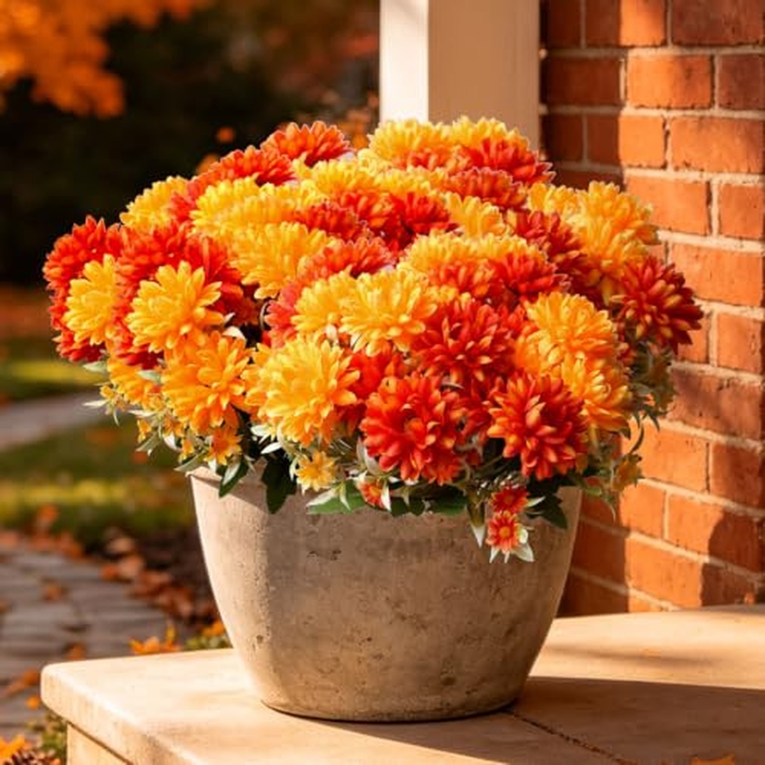 Artificial Fall Flowers Mums Plants for Outdoor, UV Resistant Faux Marigold 6