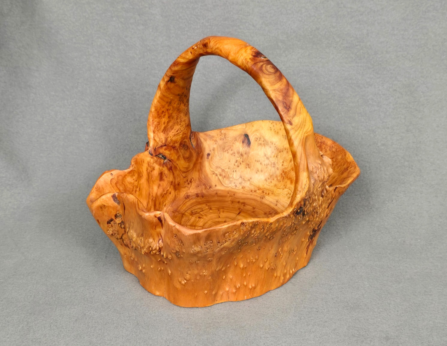 Vtg Hand-Carved Burl Wood Basket (Kago) in Kurinuki Style - Shōwa Period \'26-\'89