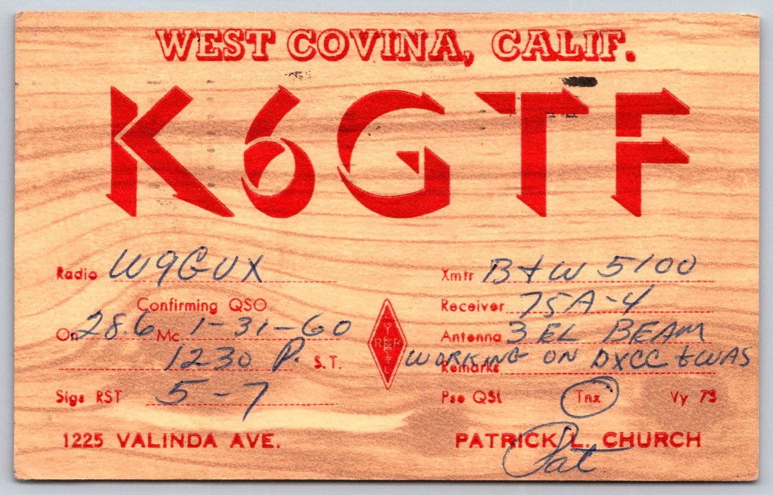 1960 K6GTF West Covina CA Amateur Ham Radio QSL Postcard W9GUX Elkhart IN A43