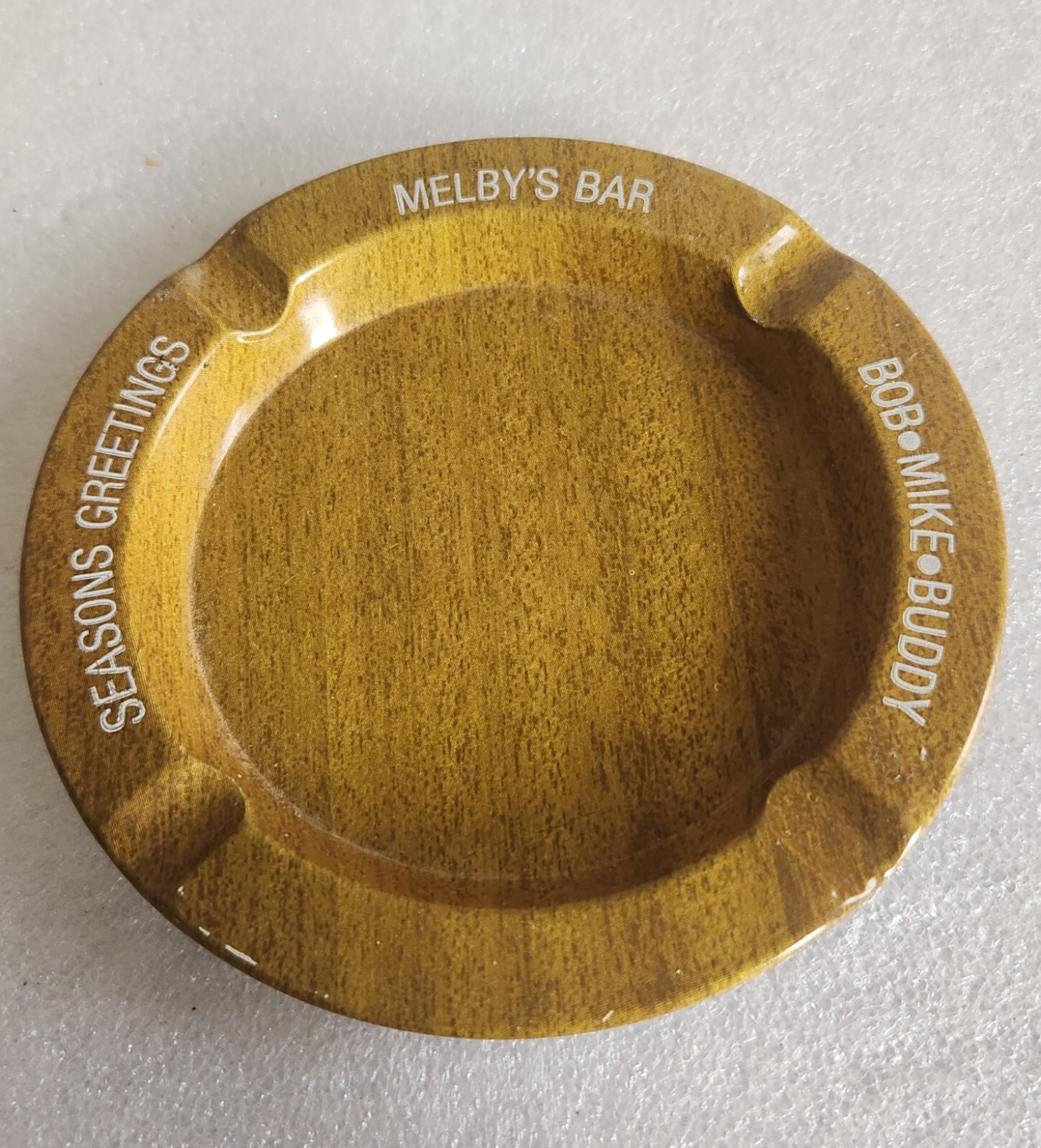 Vintage Metal Ashtray • Melby\'s Bar Bob•Mike•Buddy • Seasons Greetings 