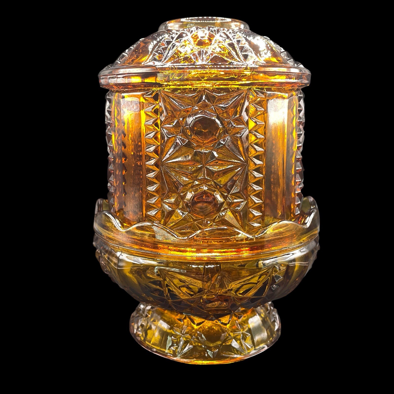 Vintage Indiana Glass 2-Piece Amber Pressed Glass Fairy Lamp Candle Holder