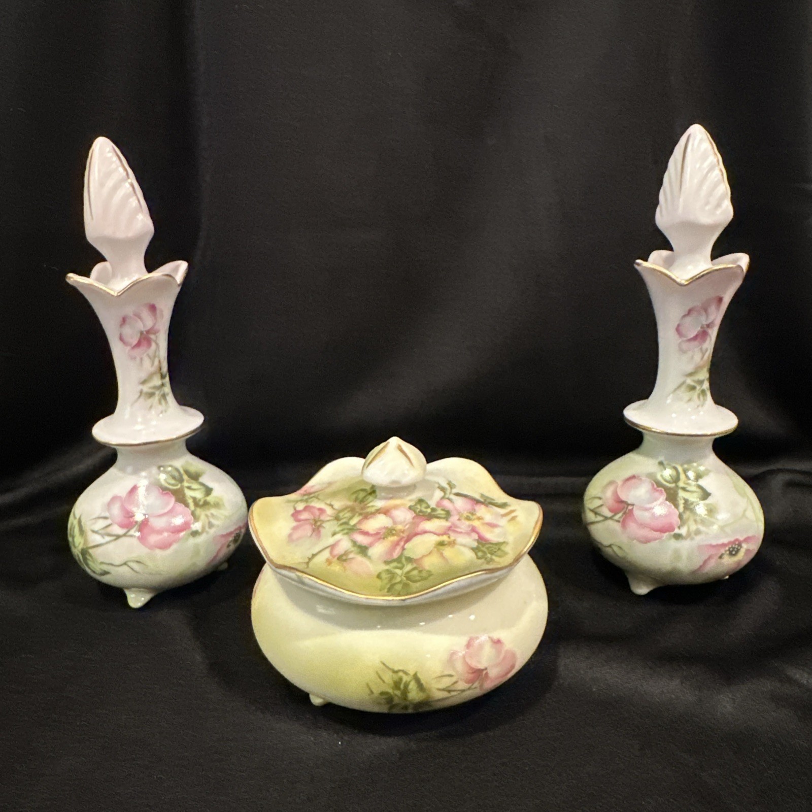 Nippon Vanity Set Of Two Perfume Bottles And Powder Box, Hand Painted