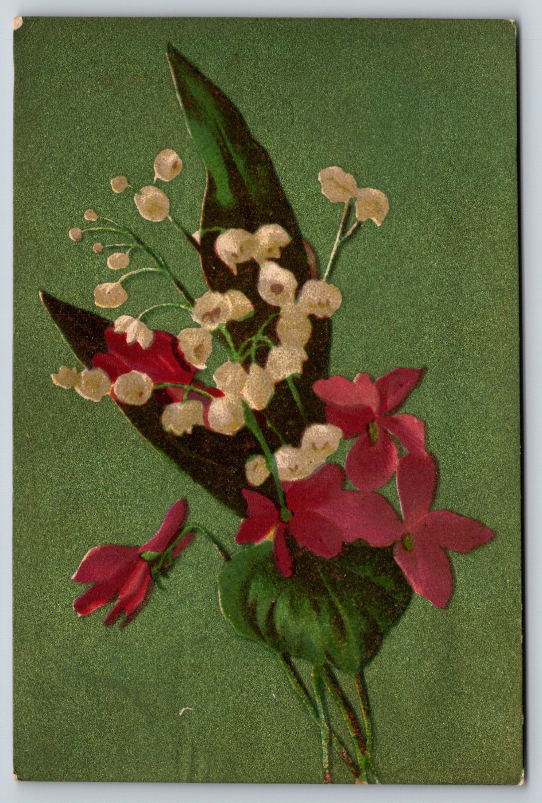 Metallic glaze, Lilies of the valley and violets, Year 1907, Vintage Postcard Metallic glaze, Lilies of the valley and violets, Year 1907, Vintage Postcard