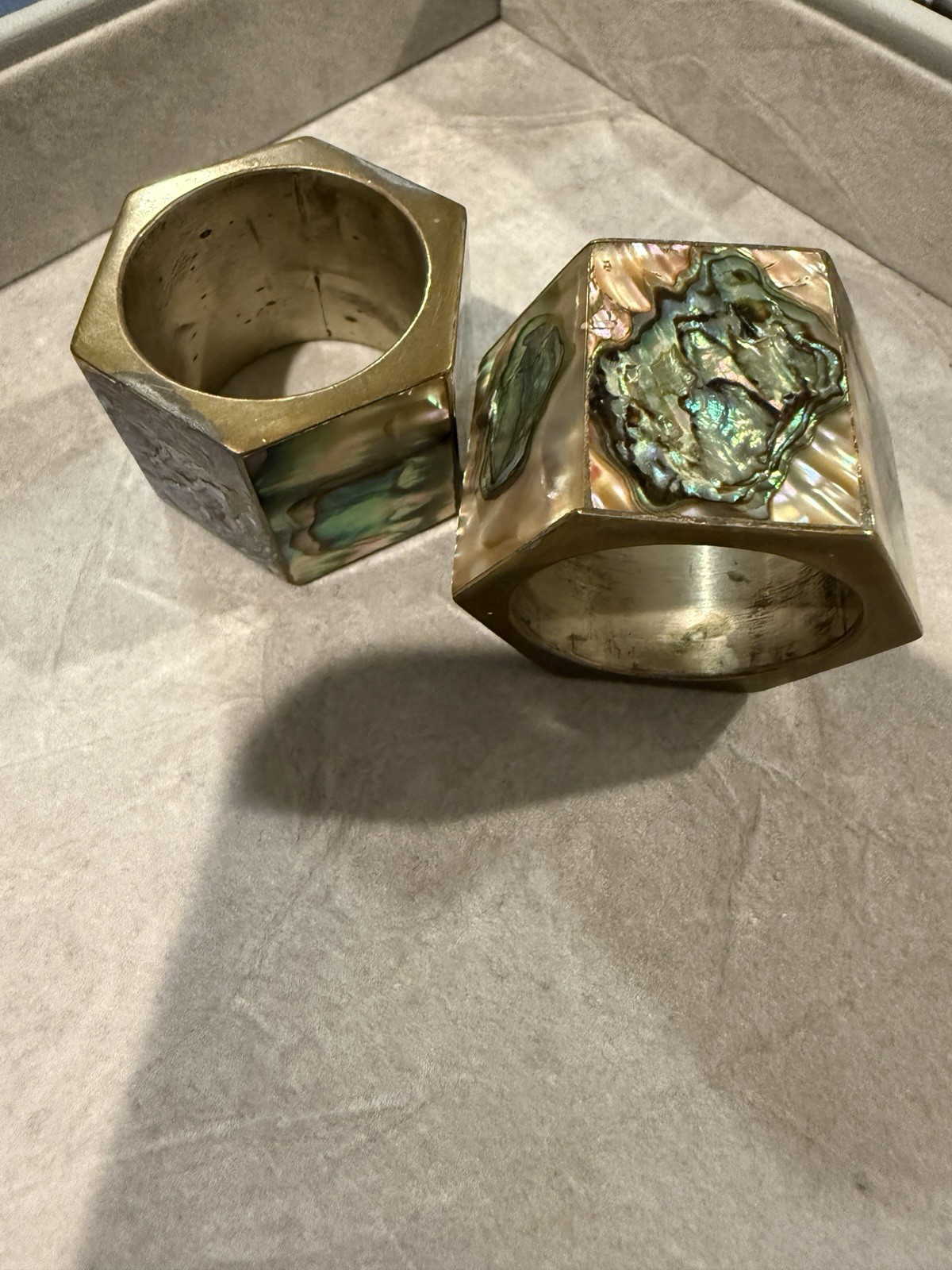 Vintage Hexagonal Napkin Rings Brass  & Iridescent Abalone, Divine Set Of 2