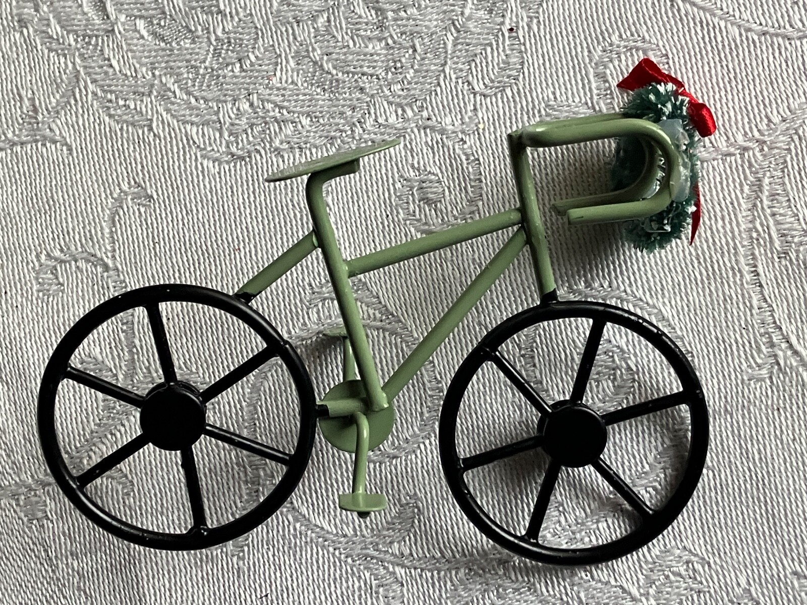 VINTAGE STYLE MINIATURE METAL LIME GREEN  BICYCLE DECORATED FOR CHRISTMAS DECOR.
