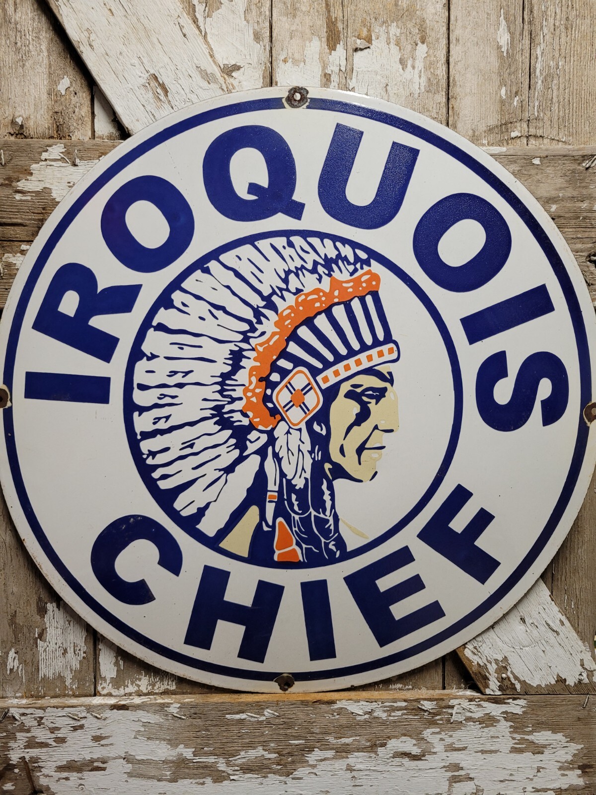 VINTAGE IROQUOIS CHIEF PORCELAIN SIGN 30