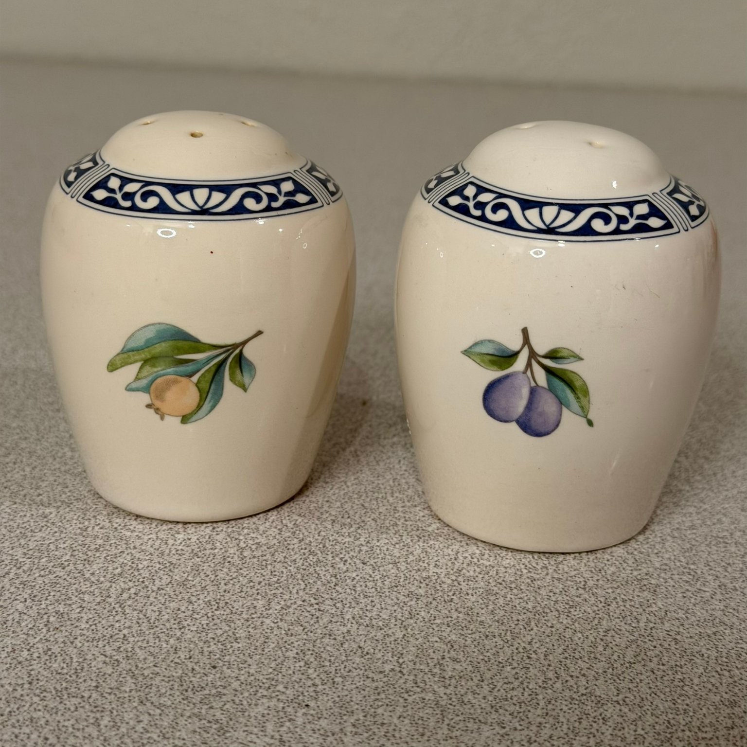 Pfaltzgraff Pottery Salt & Pepper Shakers Fruit Theme Blue White Ceramic