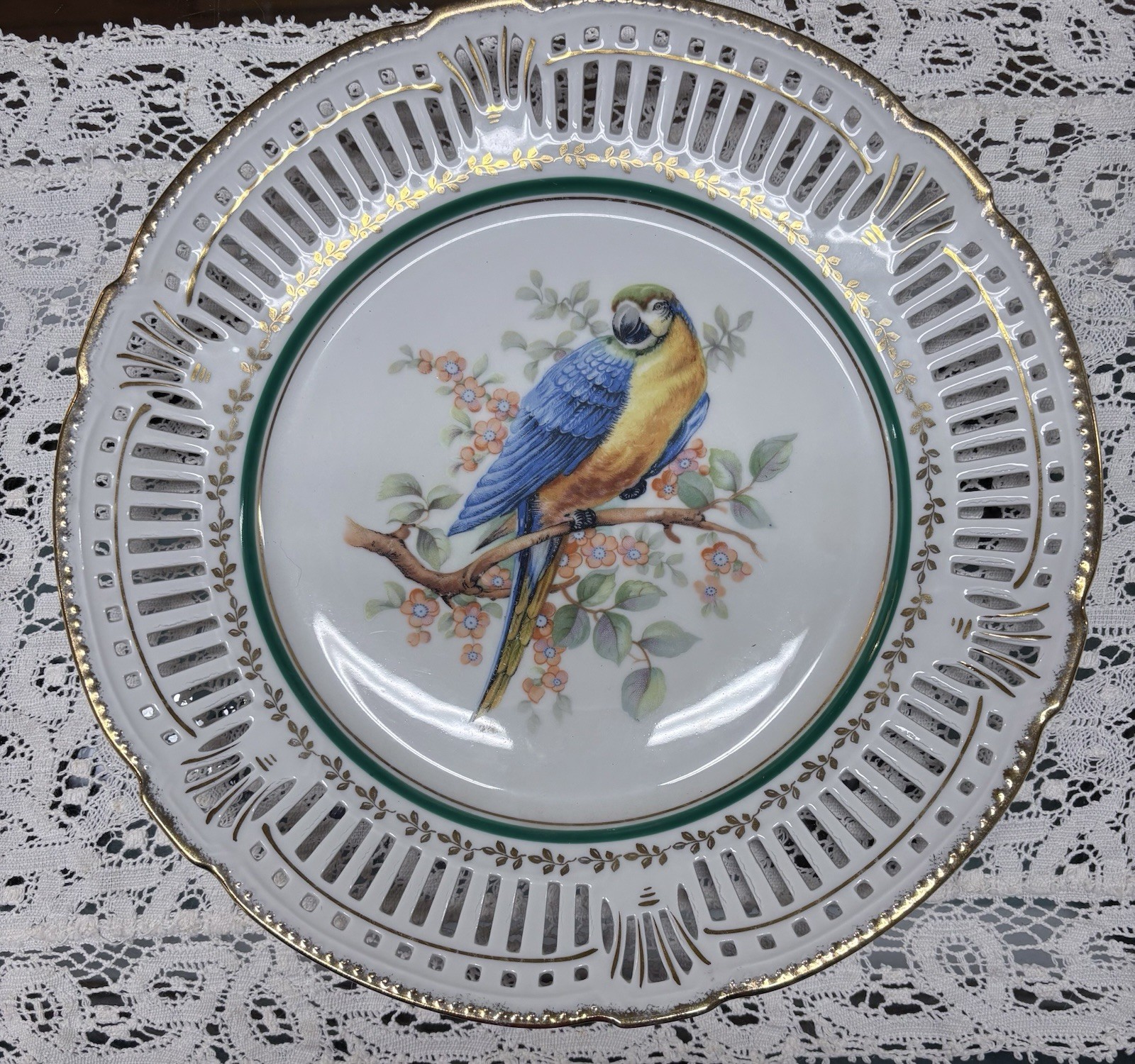 Vintage Schwarzenhammer Bavaria Reticulated Porcelain Plate Macaw On Branch