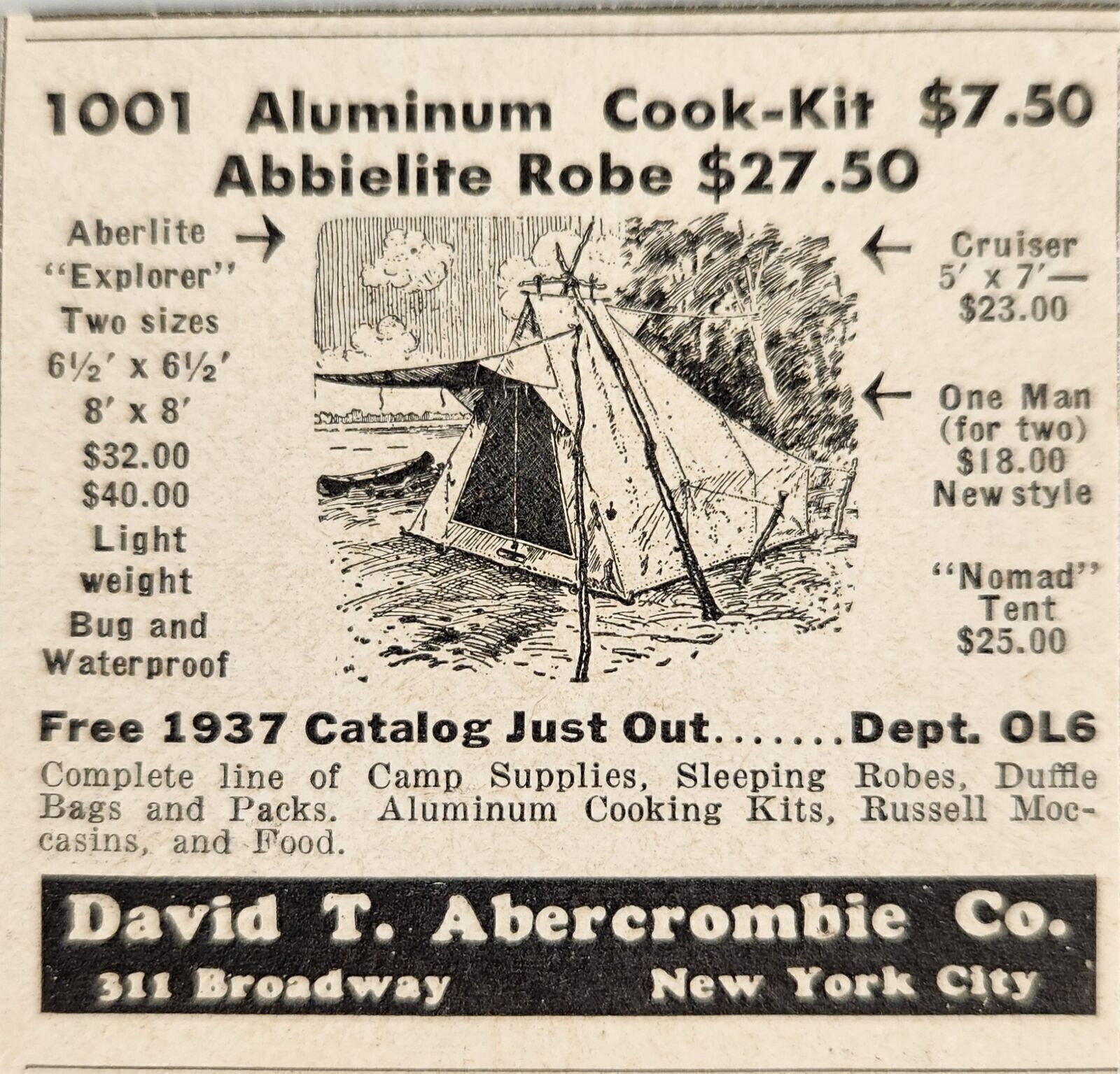 1937 Print Ad David T. Abercrombie Camping Supplies New York,NY