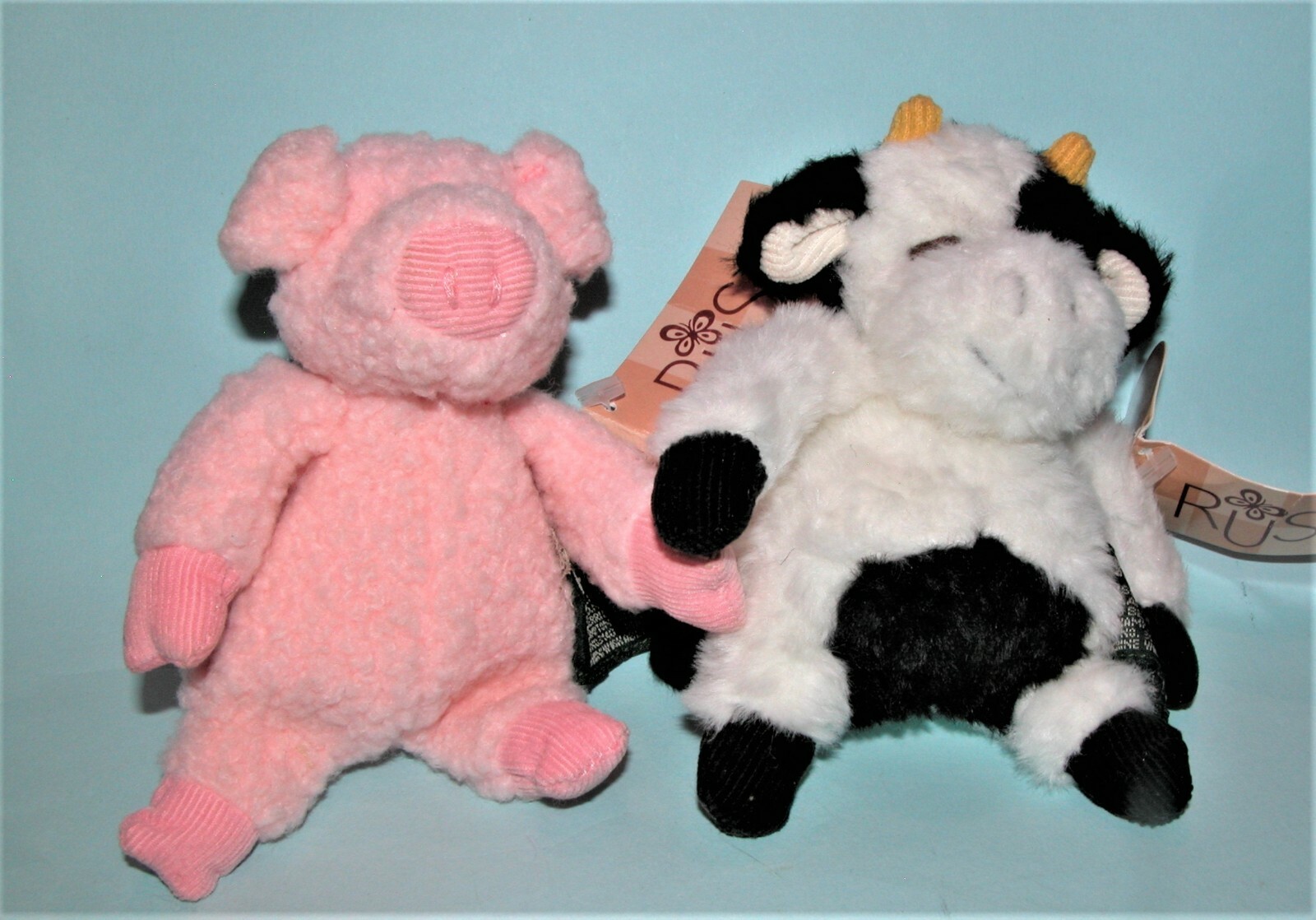 Russ Berrie plush pig & cow 2pc. set #3140 NEW 4in, sitting Heartcraft Col. farm