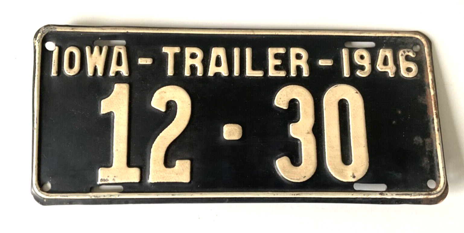 Rare 1946 IOWA TRAILER LOW DIGIT 12-30 License Plate ALL ORIGINAL