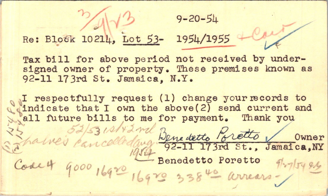 1954 Postal Card 2c Benjamin Franklin Jamaica NY to NYC Collector of Taxes 1954 Postal Card 2c Benjamin Franklin Jamaica NY to NYC Collector of Taxes