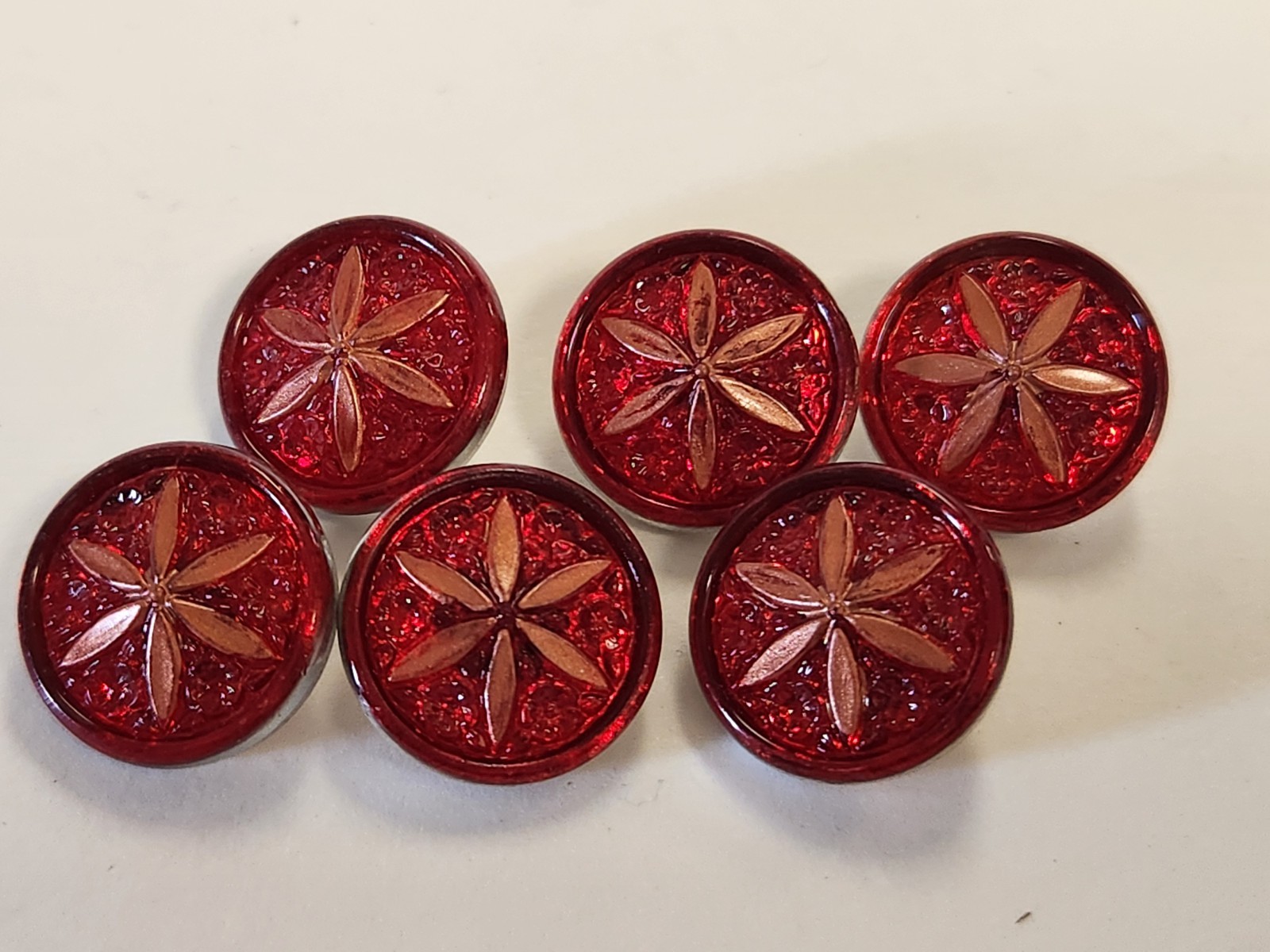 Ruby Red Star Flower Czech Glass Buttons Lot Of 6 New Pours Vintage Molds 18mm Ruby Red Star Flower Czech Glass Buttons Lot Of 6 New Pours Vintage Molds 18mm