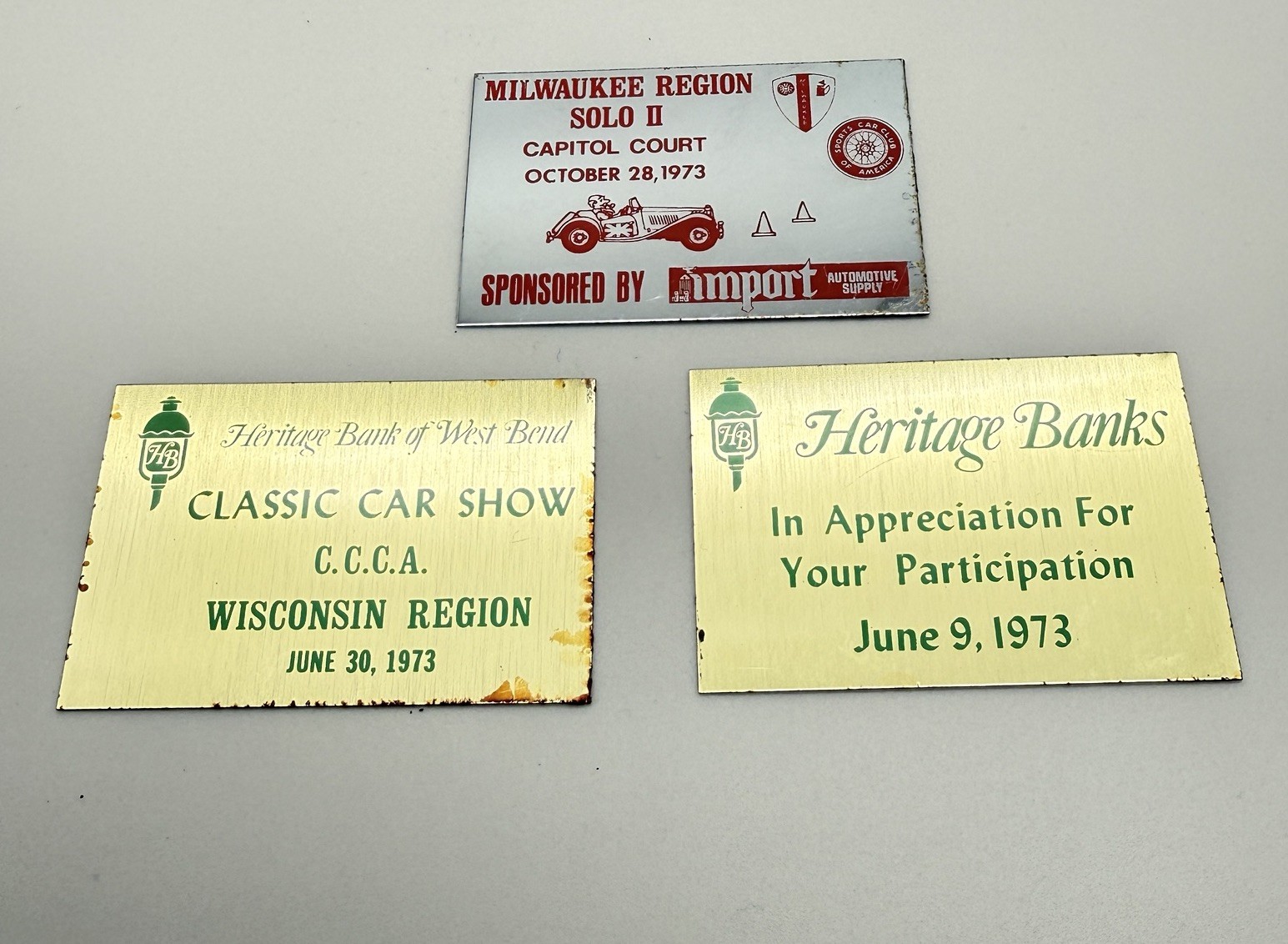 Vintage 1973 Car Show Metal Plaques Lot CCCA SCCA Milwaukee Heritage Banks